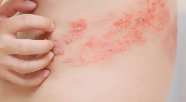Skóra z wysypką i pęcherzami, przypominająca objawy półpaśca. Rozważ szczepionkę na półpasiec, by uniknąć cierpienia.