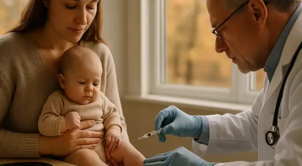 Lekarz podaje szczepienie RSV dziecku trzymanemu przez matkę. To ważny krok w ochronie malucha, podobnie jak szczepienie RSV w ciąży dla ochrony noworodka.