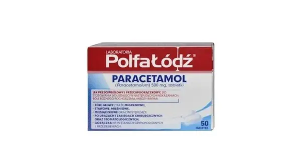 Opakowanie leku Polfa Łódź Paracetamol 500 mg. Pytanie czy paracetamol jest bezpieczny jest kluczowe przy stosowaniu tego leku na bóle i gorączkę.