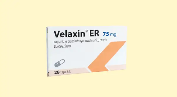 Opakowanie leku Velaxin ER 75 mg, zawierające 28 kapsułek o przedłużonym uwalnianiu z wenlafaksyną.