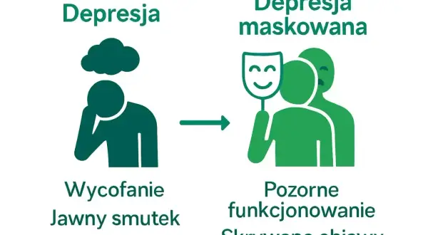 Ilustracja pokazuje przejście od jawnego smutku do depresji maskowanej, gdzie osoba ukrywa swoje cierpienie za uśmiechniętą maską.