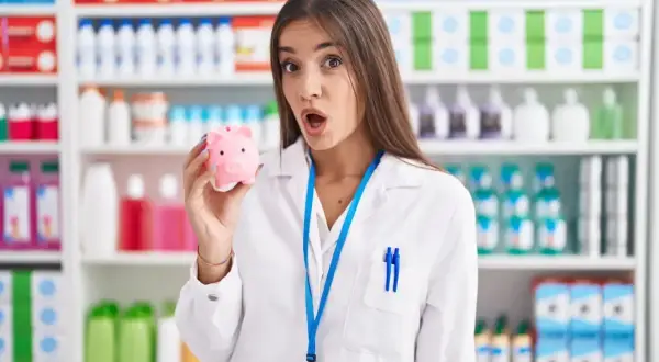 Farmaceutka w białym kitlu trzyma różową skarbonkę świnkę na tle aptecznych półek.