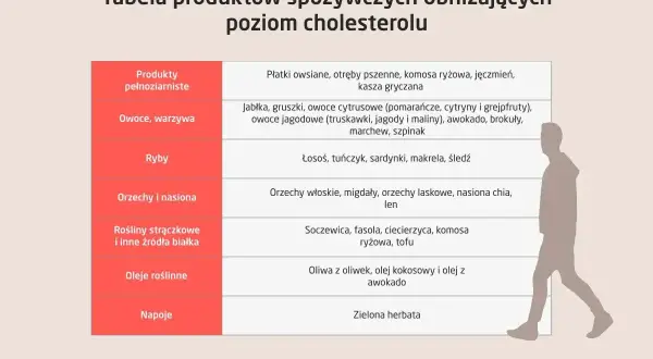 Tabela produktów spożywczych, które pomogą Ci obniżyć zły cholesterol. Znajdziesz tu produkty pełnoziarniste, owoce, warzywa, ryby, orzechy, nasiona, rośliny strączkowe, oleje i napoje.