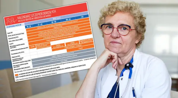 Lekarka z aparatem słuchowym prezentuje kalendarz szczepień dorosłych, uwzględniający szczepienie 18 lat.