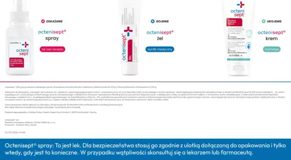 Octenisept wycofany ze sprzedaży. Na zdjęciu spray, żel i krem do pielęgnacji skóry.