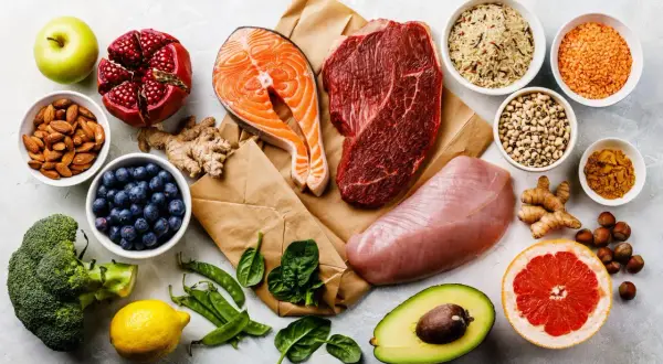 Zdrowe produkty spożywcze: łosoś, wołowina, indyk, warzywa, owoce, orzechy, ryż, soczewica, fasola. Dieta wspierająca przy chorobie wrzodowej żołądka.