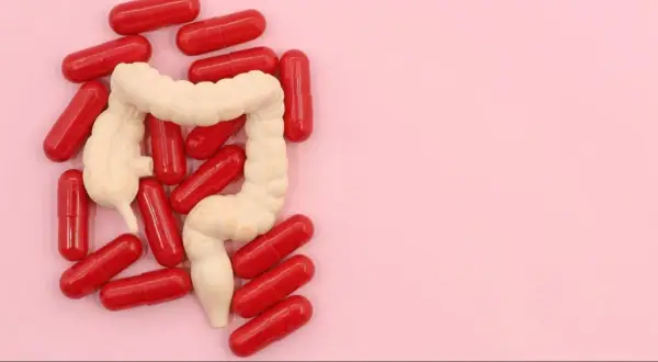 Model jelita otoczony czerwonymi kapsułkami, symbolizującymi leczenie, np. Pentasa.