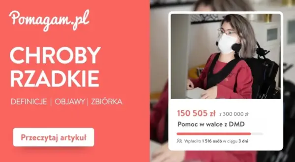 Pomagam.pl informuje o chorobach rzadkich. Na zdjęciu młoda osoba w fotelu, zbierane są środki na walkę z DMD.