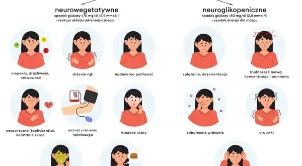 Ilustracja pokazuje objawy spadku cukru: niepokój, drżenie rąk, poty, splątanie, trudności z mową, zaburzenia widzenia, drgawki, nudności, głód, utratę przytomności.