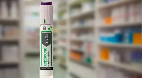 Zepbound, wstrzykiwacz z dawką 2,5 mg/0,5 ml, gotowy do użycia w aptece.