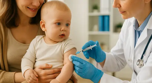 Mama trzyma dziecko, które dostaje szczepienie. Lekarka w rękawiczkach podaje zastrzyk. To ważny krok w ochronie zdrowia, jak Beyfortus.