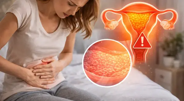 Kobieta z bólem brzucha. Obok grafika macicy, pokazująca co to jest endometrium, z zaznaczonym ostrzeżeniem.