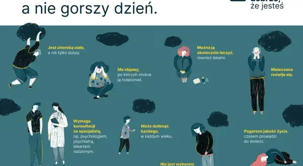 Depresja to choroba przewlekła, nie tylko gorszy dzień. Ilustracja pokazuje jej objawy, leczenie i skutki.