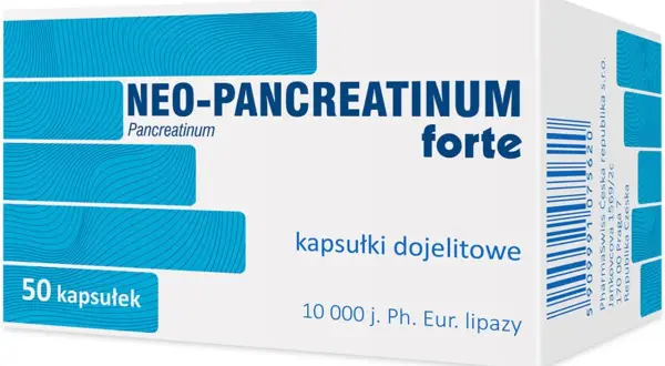 Opakowanie leku Neo-Pancreatinum forte, zawierające 50 kapsułek dojelitowych z pankreatyną.