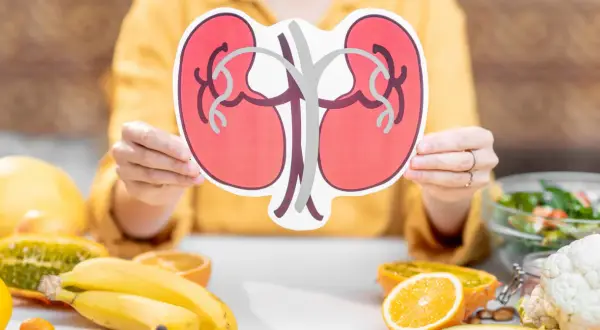 Osoba trzyma symbol nerek, a na stole leżą owoce i warzywa. Zastanawiasz się, co pić na chore nerki? Woda i zdrowe napoje to podstawa.