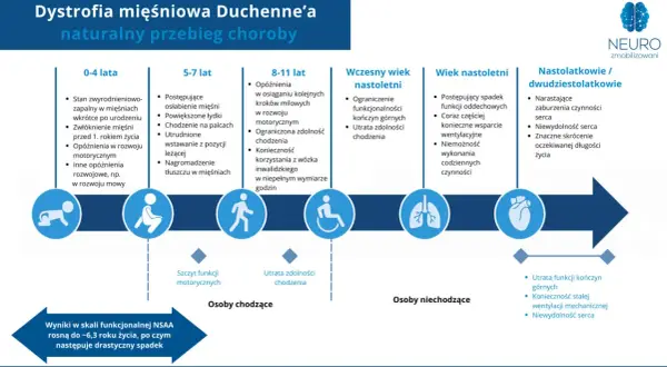 Dystrofia mięśniowa Duchenne'a: od niemowlęctwa do dorosłości. Schemat pokazuje postęp choroby, prowadzący do utraty funkcji motorycznych i skrócenia życia.