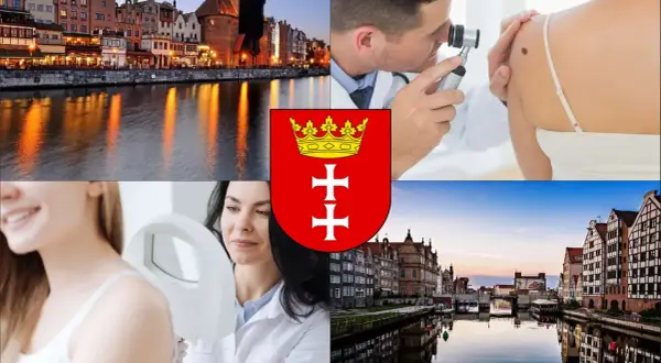 Gdański krajobraz, dermatolodzy badający znamiona, herb miasta.