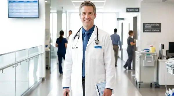 Uśmiechnięty lekarz w białym kitlu z tabliczką "Dr. David Leonardo" trzyma tablet. W tle szpitalny korytarz, gdzie widać personel i tabliczki "Ward 3A", "Consultation Rooms", "Nurse Station". Zastanawiasz się, ile zarabia lekarz?