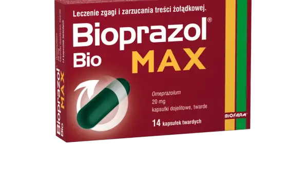 Opakowanie leku Bioprazol Max na zgagę. Zawiera 14 kapsułek z omeprazolem.