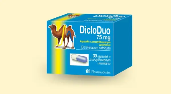 Opakowanie leku DicloDuo 75 mg z wielbłądem. 30 kapsułek o zmodyfikowanym uwalnianiu.