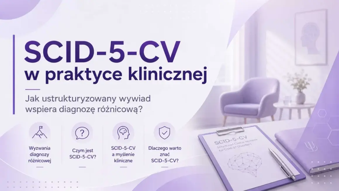 SCID-5-CV w praktyce klinicznej: jak ustrukturyzowany wywiad wspiera diagnozę różnicową? Ikony symbolizują wyzwania, czym jest SCID-5-CV, myślenie kliniczne i jego wartość.