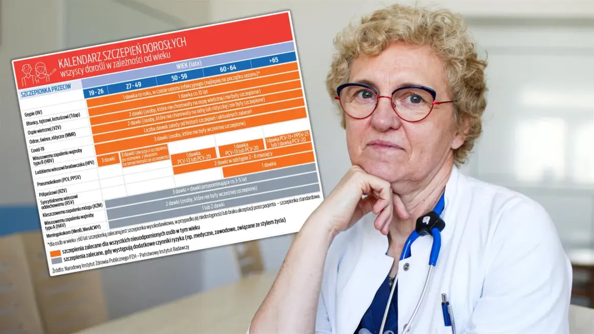 Lekarka z aparatem słuchowym prezentuje kalendarz szczepień dorosłych, uwzględniający szczepienie 18 lat.