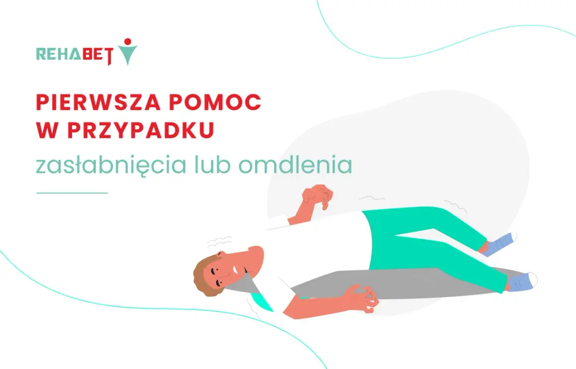 Pierwsza pomoc w przypadku zasłabnięcia lub omdlenia. Ilustracja przedstawia osobę leżącą, która doświadcza omdlenia (ICD-10 R55).