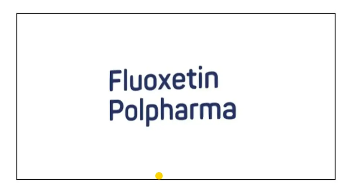Niebieski napis Fluoxetin Polpharma na białym tle. Mały żółty okrąg na dole.