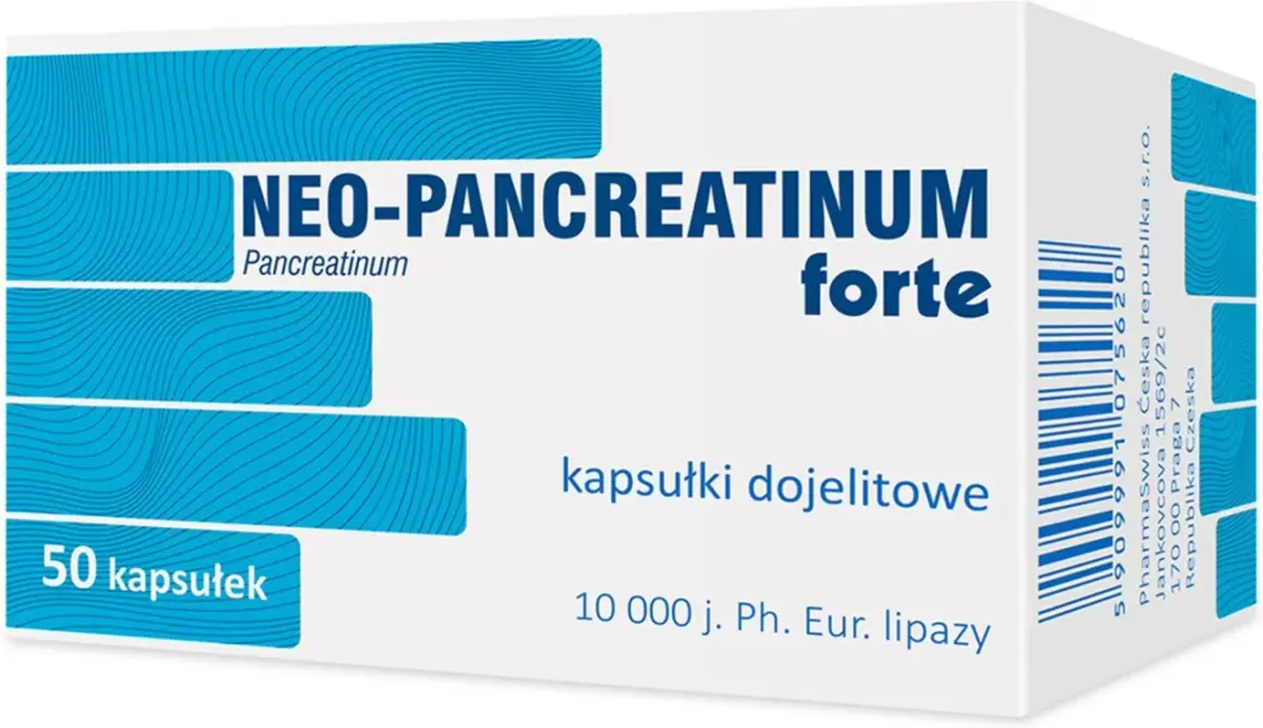 Opakowanie leku Neo-Pancreatinum forte, zawierające 50 kapsułek dojelitowych z pankreatyną.