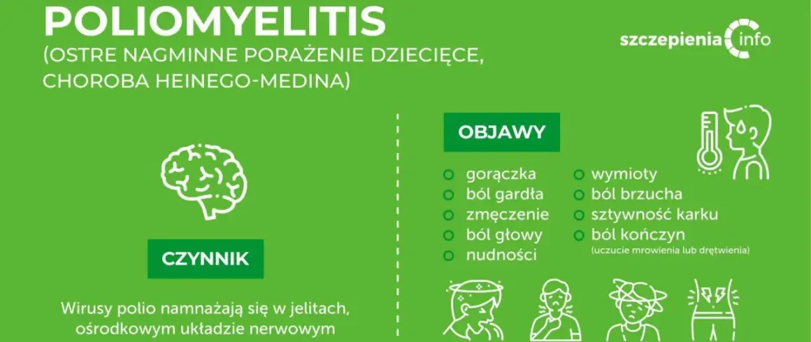 Objawy choroby Heinego-Medina: gorączka, ból gardła, zmęczenie, ból głowy, nudności, wymioty, ból brzucha, sztywność karku, ból kończyn.