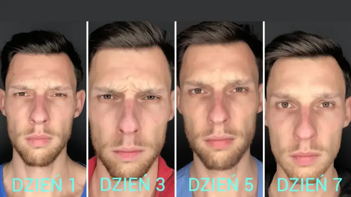 Mężczyzna pokazuje zmiany na twarzy po 7 dniach stosowania Denofix. Widać redukcję zmarszczek na czole i wokół oczu.