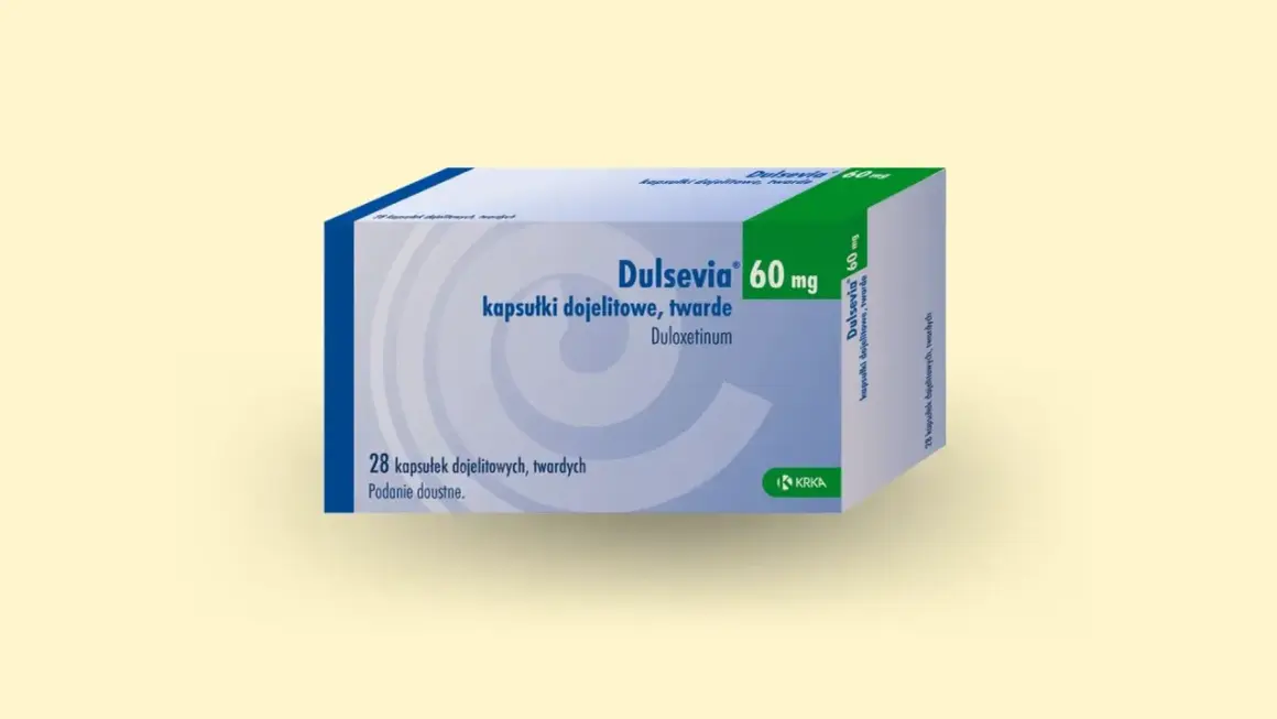 Opakowanie leku Dulsevia 60 mg, zawierające 28 kapsułek dojelitowych, twardych z duloksetyną. Jeden z najskuteczniejszych leków na depresję.