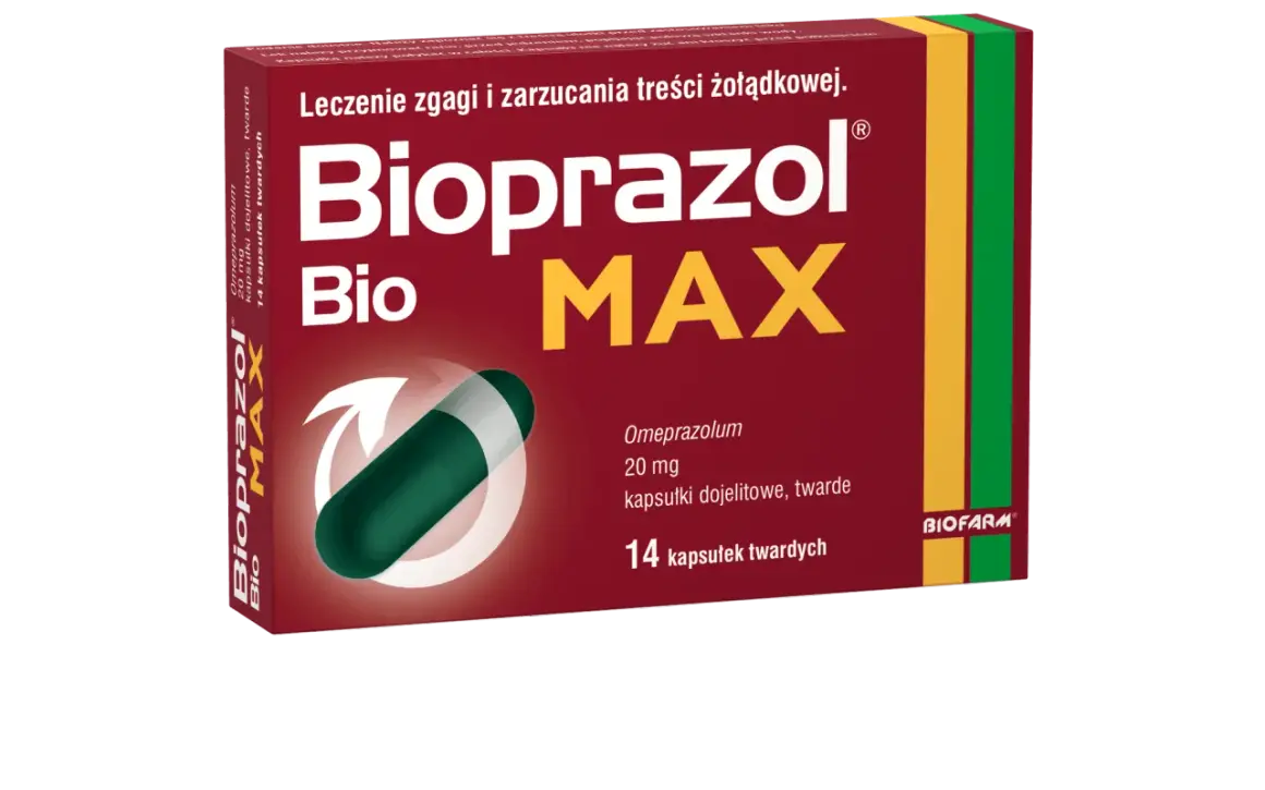 Opakowanie leku Bioprazol Max na zgagę. Zawiera 14 kapsułek z omeprazolem.