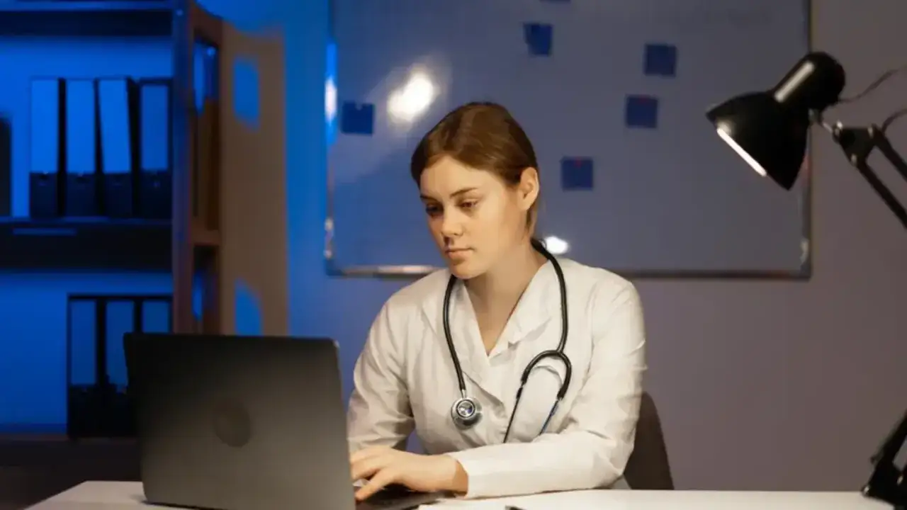 Młoda lekarka w białym kitlu zafascynowana pracą przy laptopie, zastanawia się, ile trwa specjalizacja lekarska.