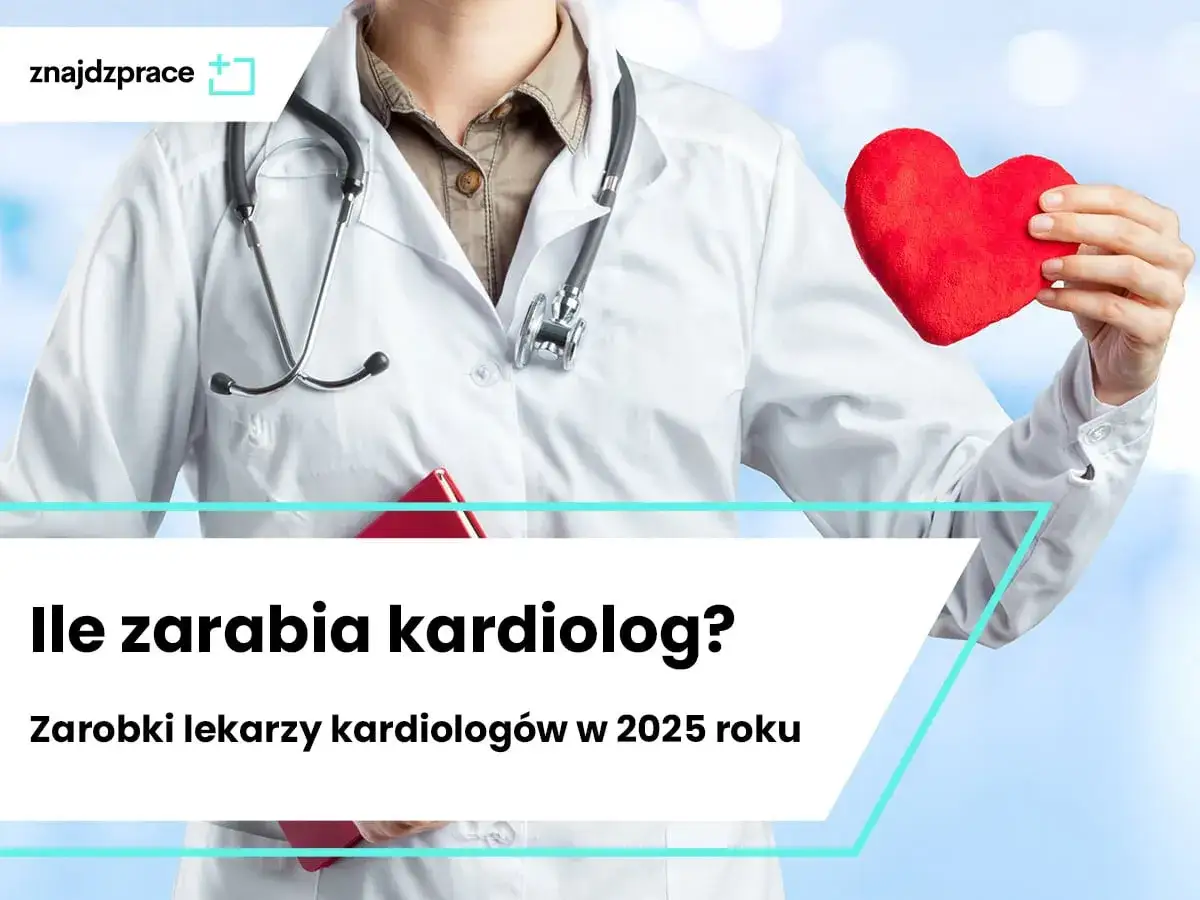 Lekarz w białym kitlu trzyma czerwone serce. Pytanie brzmi: ile zarabia kardiolog? Sprawdź zarobki lekarzy kardiologów w 2025 roku.