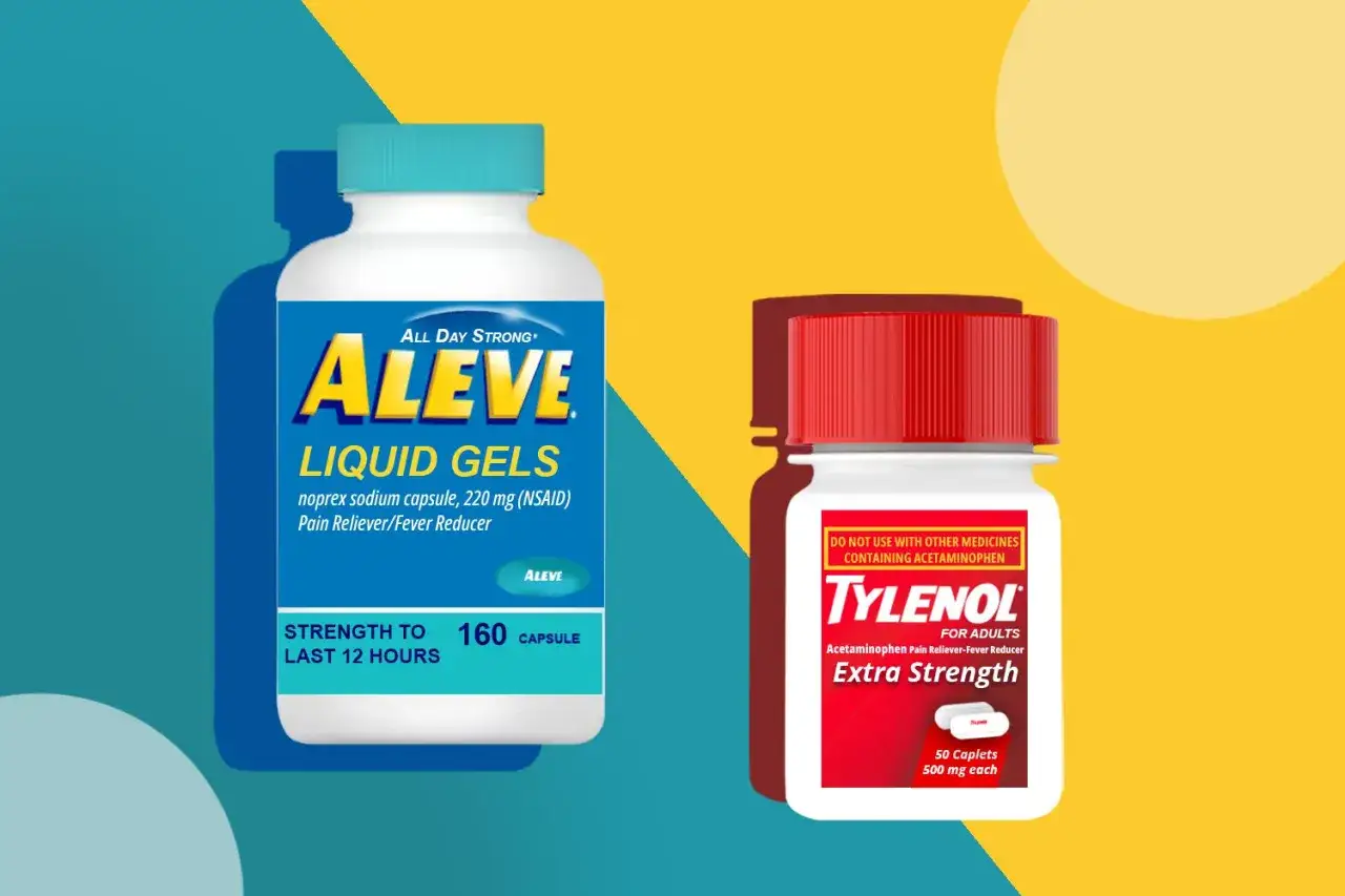 Dwie butelki leków przeciwbólowych: Aleve i Tylenol Extra Strength. Wybierz najsilniejszy lek przeciwbólowy dla siebie.