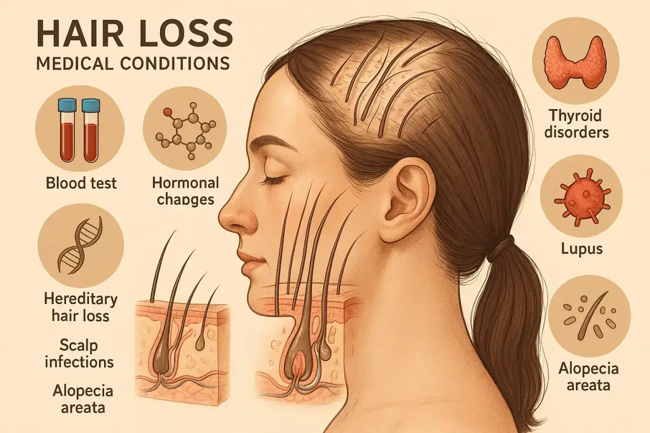 Ilustracja przedstawia profil kobiety z widocznym przerzedzeniem włosów, obok ikony symbolizujące przyczyny utraty włosów, w tym alopecia areata.