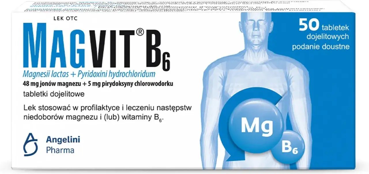 Opakowanie Magvit B6, 50 tabletek. Lek stosowany w niedoborach magnezu i witaminy B6. Czy Magvit B6 wycofany dlaczego?