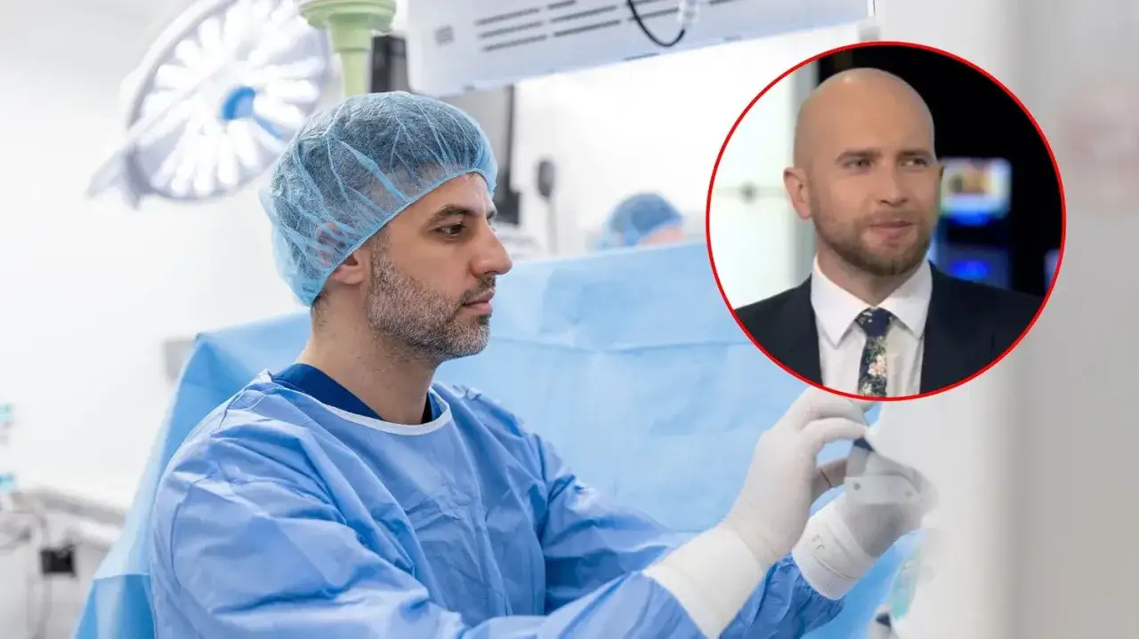 Chirurg w sterylnym stroju przygotowuje się do zabiegu. W tle widać jego wizerunek w garniturze, co sugeruje jego specjalizację lekarską i rolę eksperta.