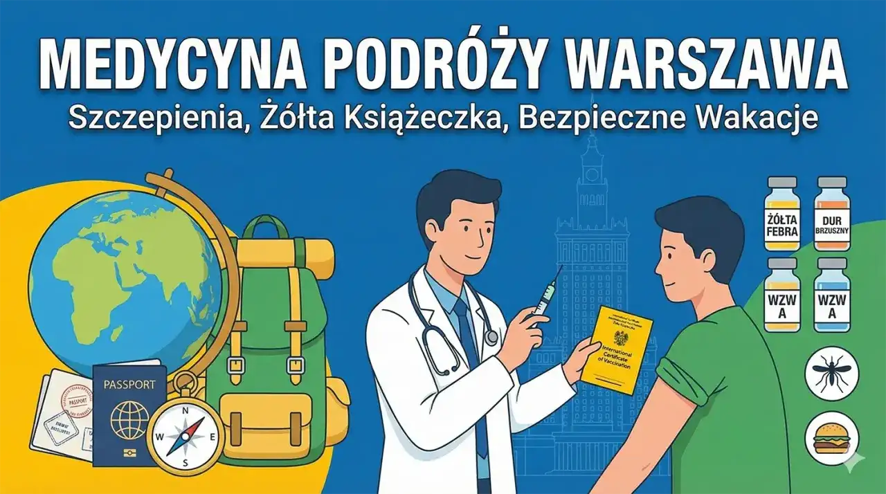 Lekarz podaje szczepienie na dur brzuszny pacjentowi, przygotowując go do bezpiecznych wakacji. W tle globus, plecak i paszport.