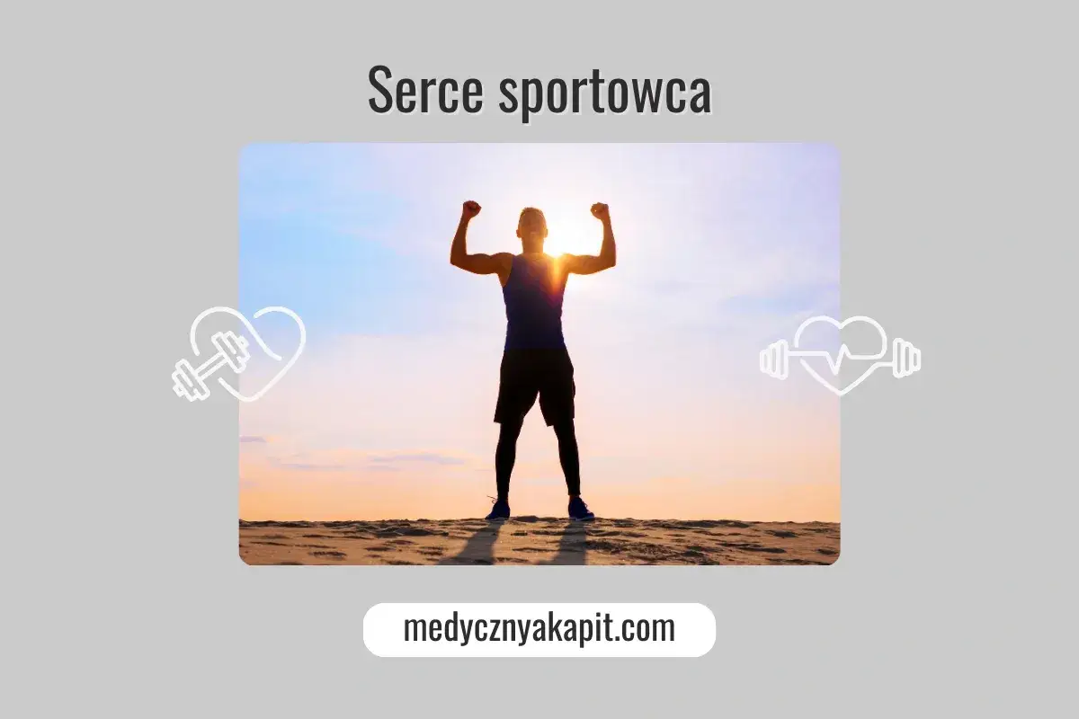 Sylwetka sportowca z podniesionymi rękami na tle zachodzącego słońca. Grafika symbolizuje zdrowe serce, ale może też nawiązywać do kardiomiopatii przerostowej.