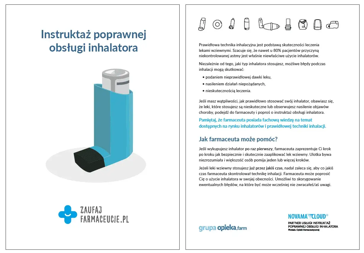 Instruktaż poprawnej obsługi inhalatora, np. Trelegy Ellipta. Właściwe użycie leku jest kluczowe.