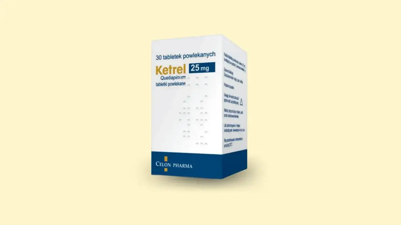 Opakowanie leku Ketrel 25 mg, 30 tabletek powlekanych. Sprawdź aktualną ketrel cena.