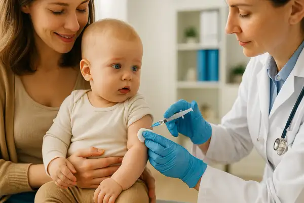 Mama trzyma dziecko, które dostaje szczepienie. Lekarka w rękawiczkach podaje zastrzyk. To ważny krok w ochronie zdrowia, jak Beyfortus.